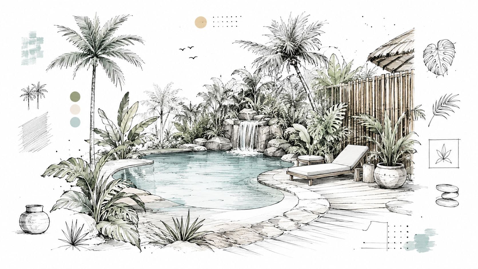 A hand-drawn sketch of a tropical poolside landscape design featuring a waterfall, palm trees, and lounge chairs.