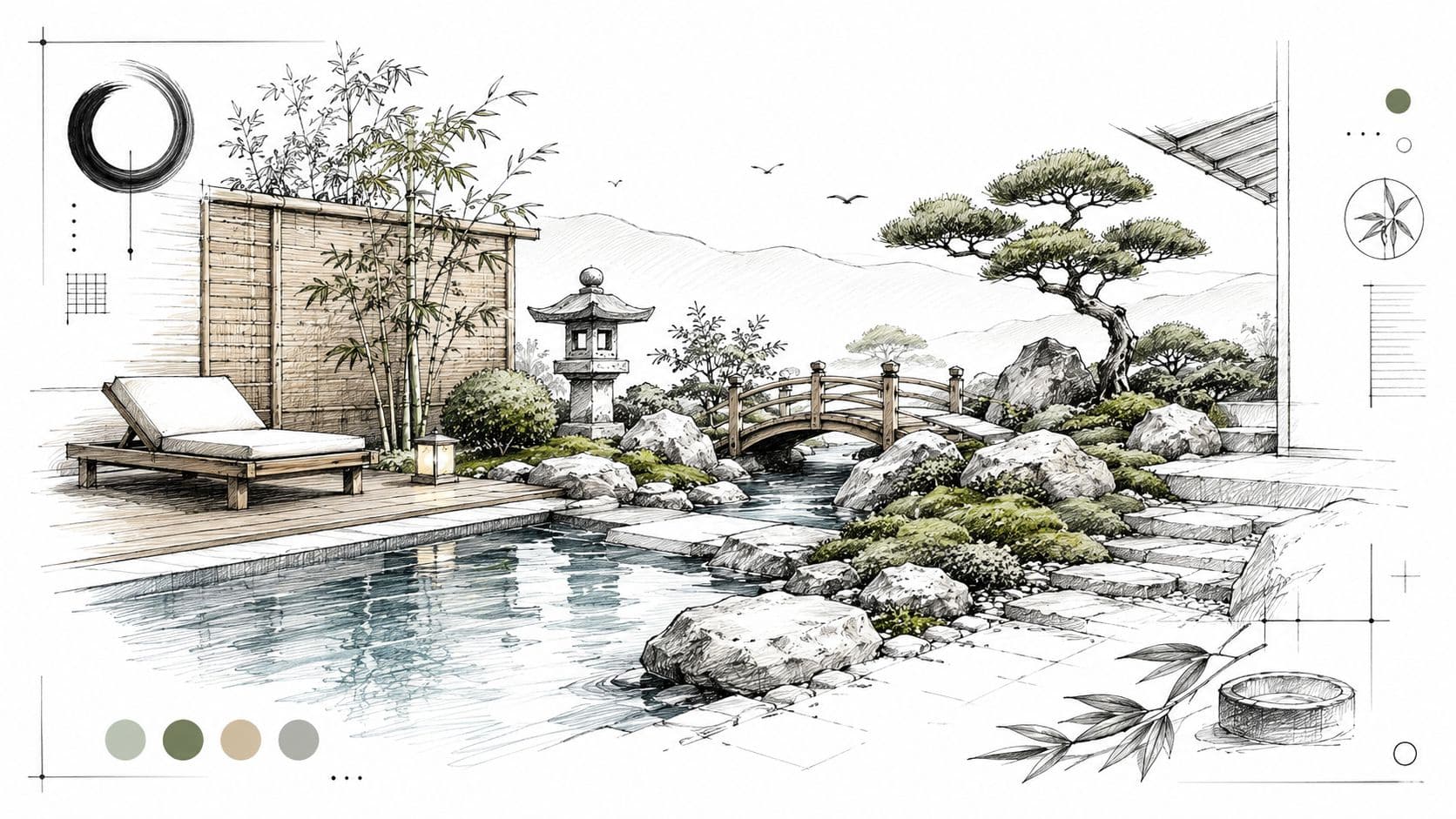 A serene Japanese Zen garden featuring a wooden lounge chair by a peaceful pond and wooden bridge.
