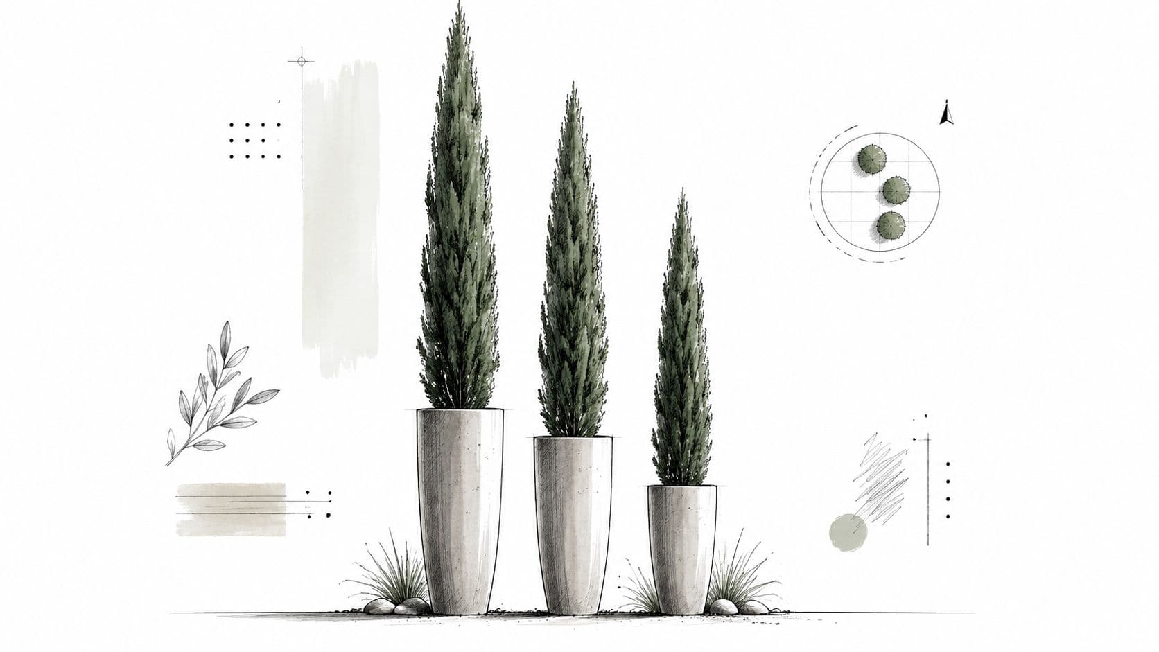 A digital architectural sketch showing three tall, narrow evergreen trees in minimalist concrete planters for landscape design.