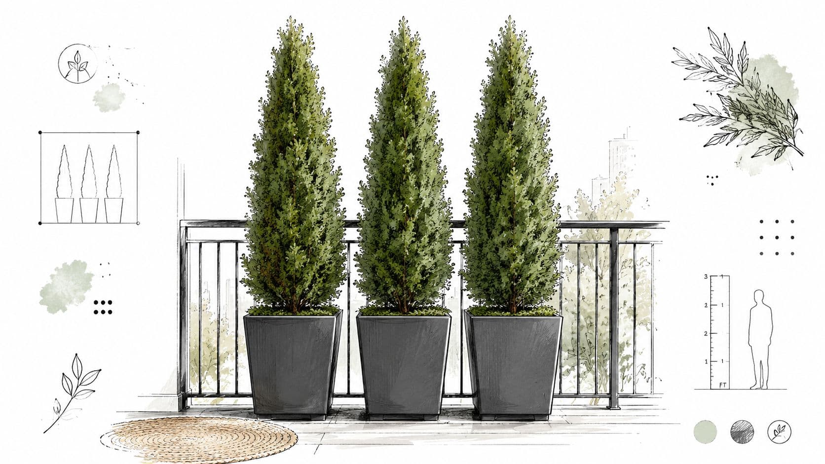 A digital architectural sketch showing three tall potted evergreen plants arranged for balcony privacy and decor.
