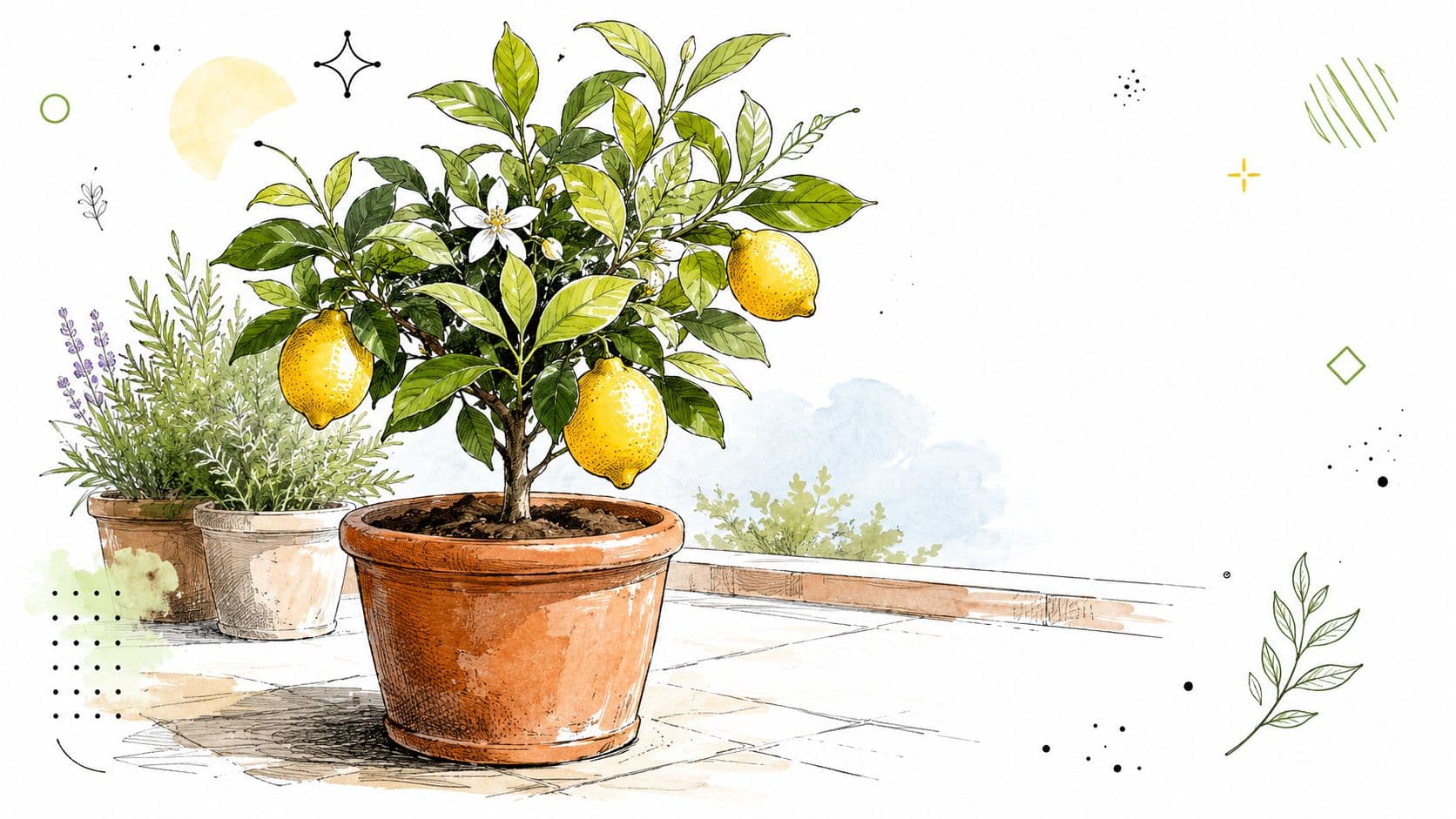A beautiful watercolor illustration of a potted lemon tree with other herbs on a sunny patio.