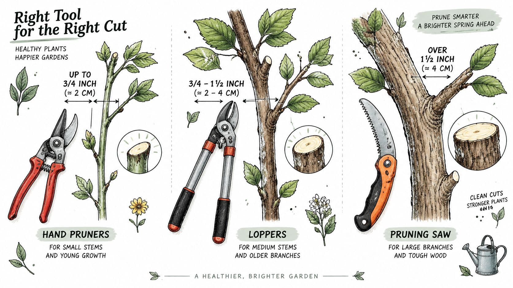 An infographic illustrating which gardening tools, including hand pruners, loppers, and a pruning saw, to use for different branch thicknesses.