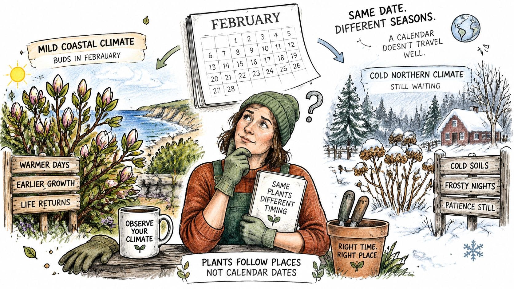 An illustration comparing how plants grow at different times depending on local climate and environmental conditions.