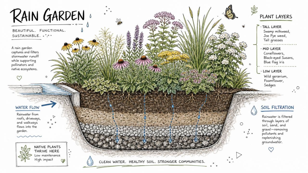A diagram illustrating the cross-section of a rain garden, showing plant layers, soil filtration, and water flow.