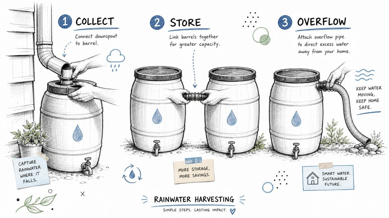 An illustrated guide demonstrating three simple steps for setting up a residential rainwater harvesting system with barrels.