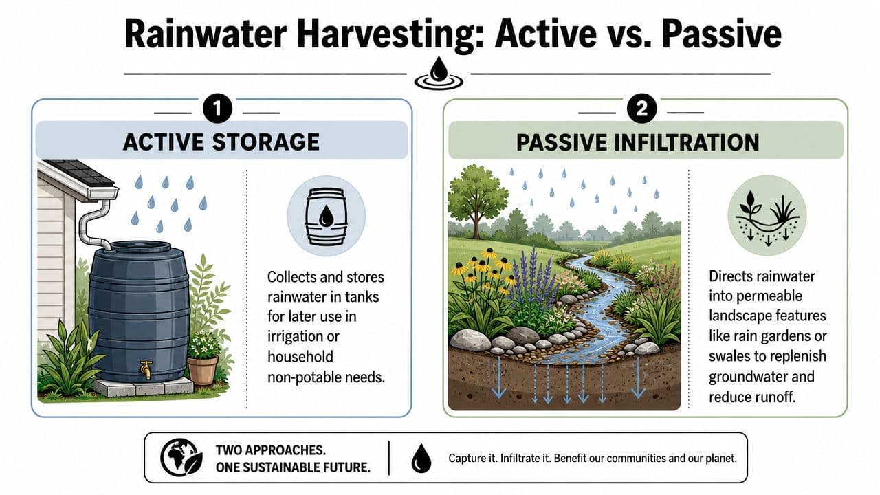 An infographic comparing active rainwater storage in tanks with passive rainwater infiltration through gardens and landscape features.