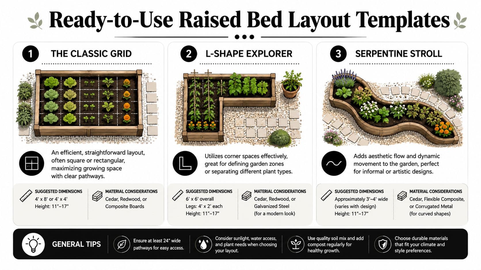 A visual guide showing three types of raised bed garden layouts: classic grid, L-shape, and serpentine stroll.