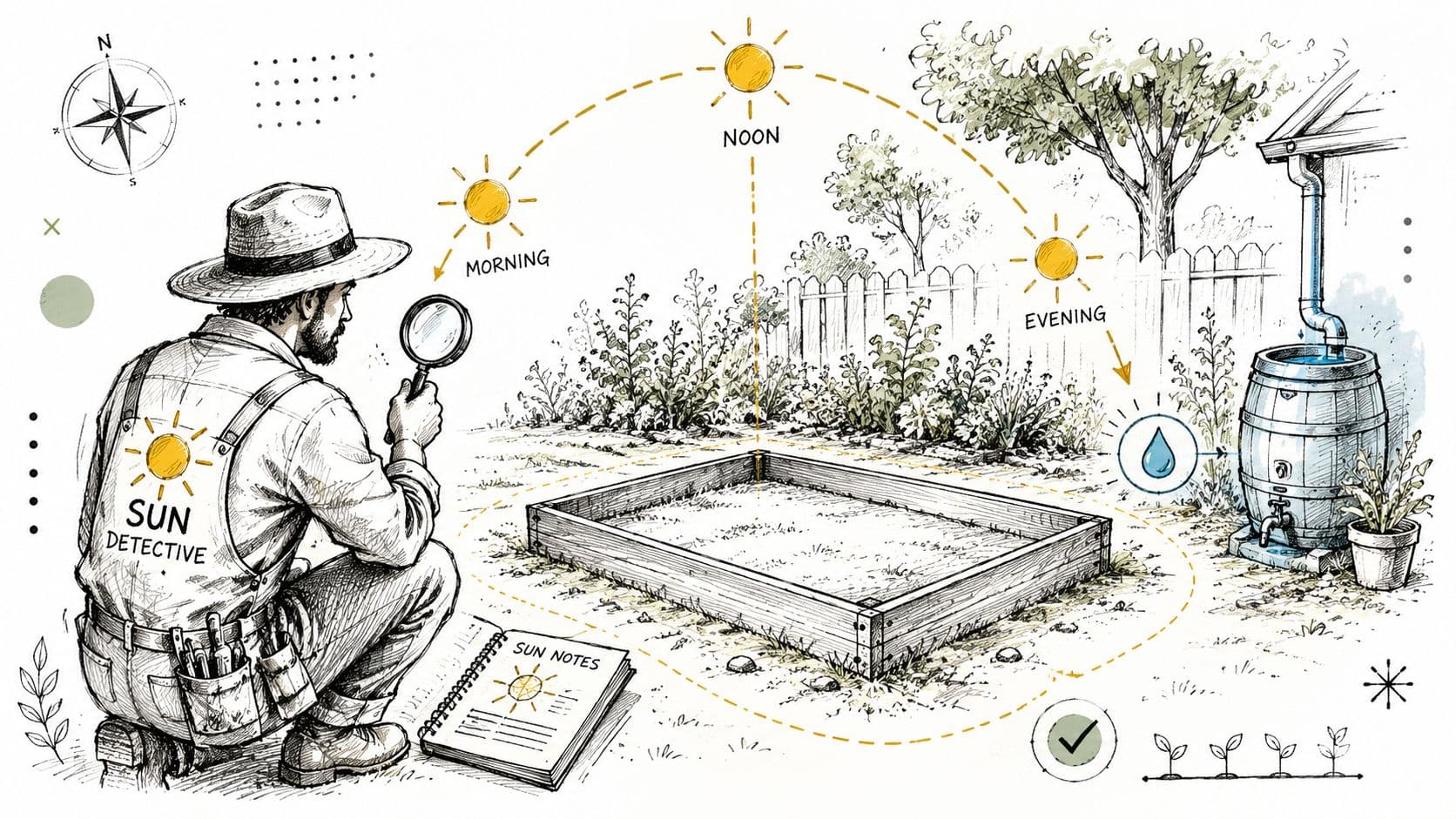 A gardener observing sunlight patterns in a backyard to plan a new raised garden bed layout.