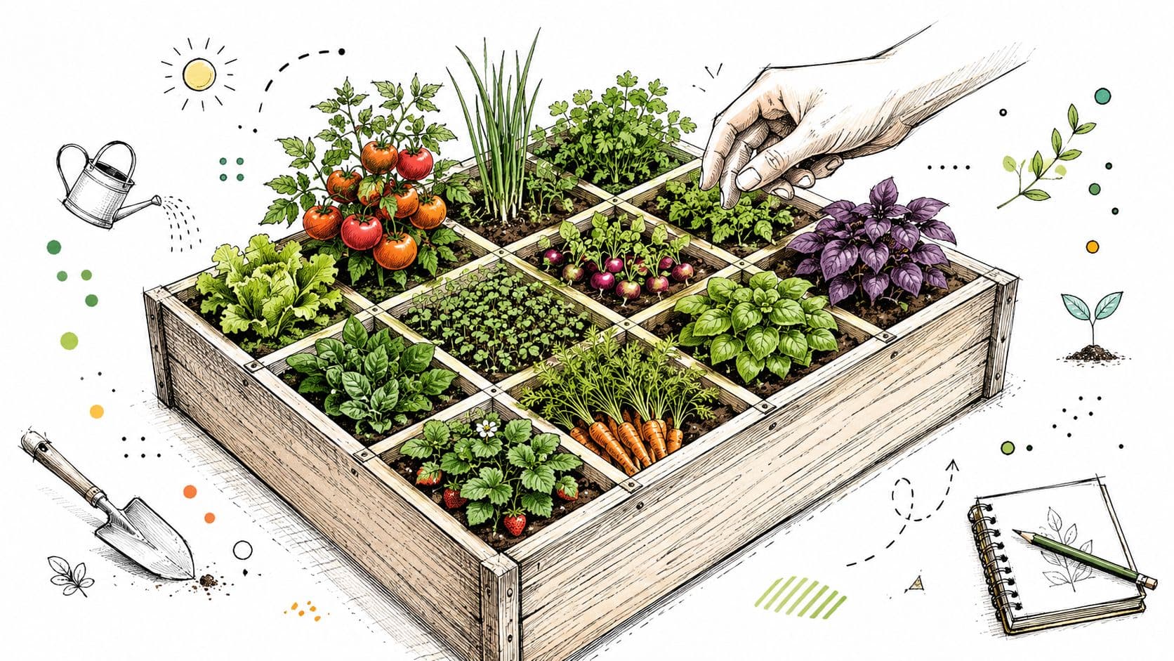 A hand touches plants in a square raised garden bed featuring various vegetables, herbs, and gardening tools.