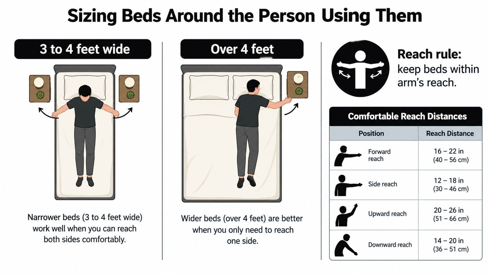 An infographic showing how to size beds based on a person's comfortable arm reach distances.