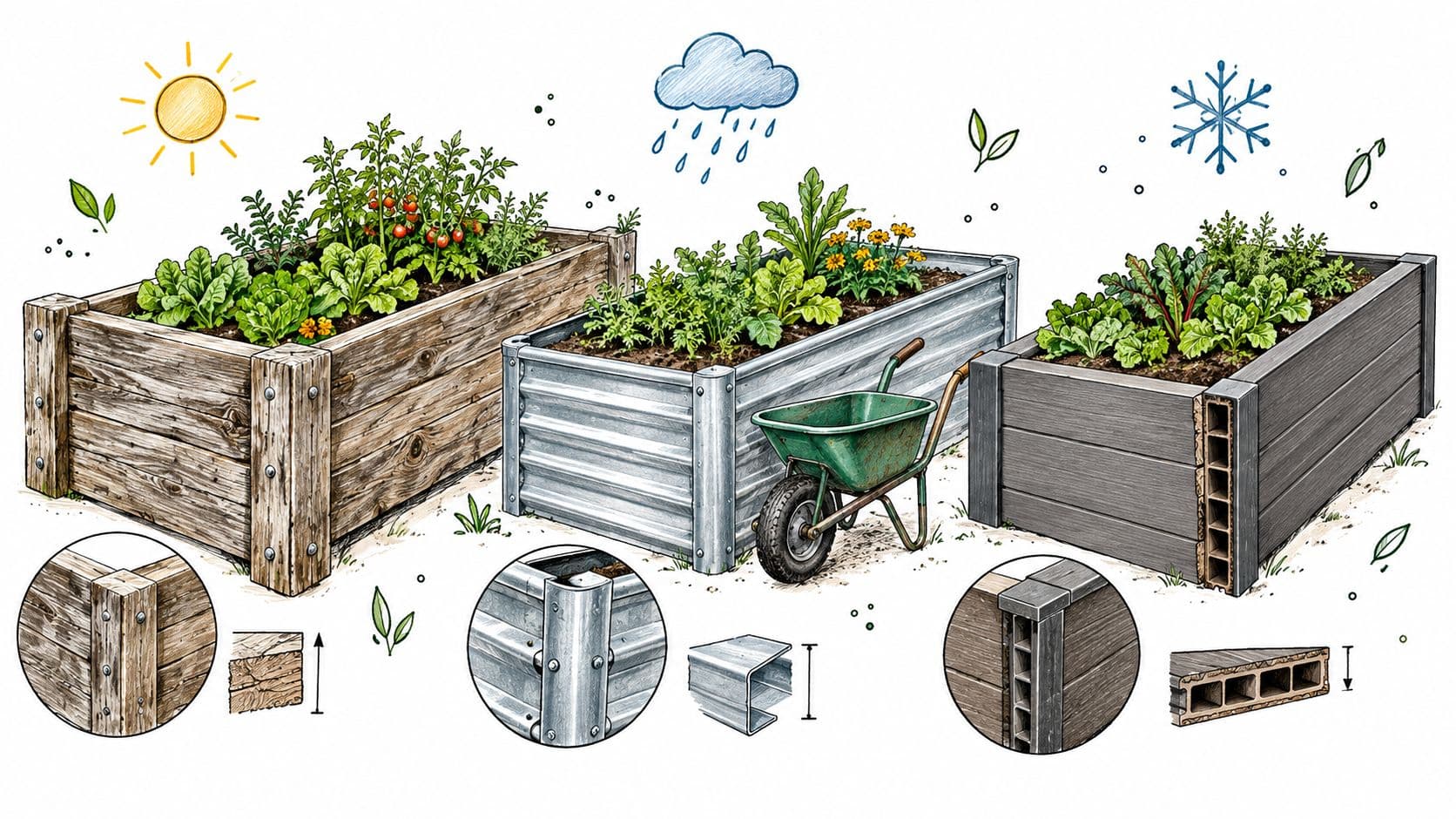 Three different styles of raised garden beds featuring wood, metal, and plastic materials for vegetable gardening.