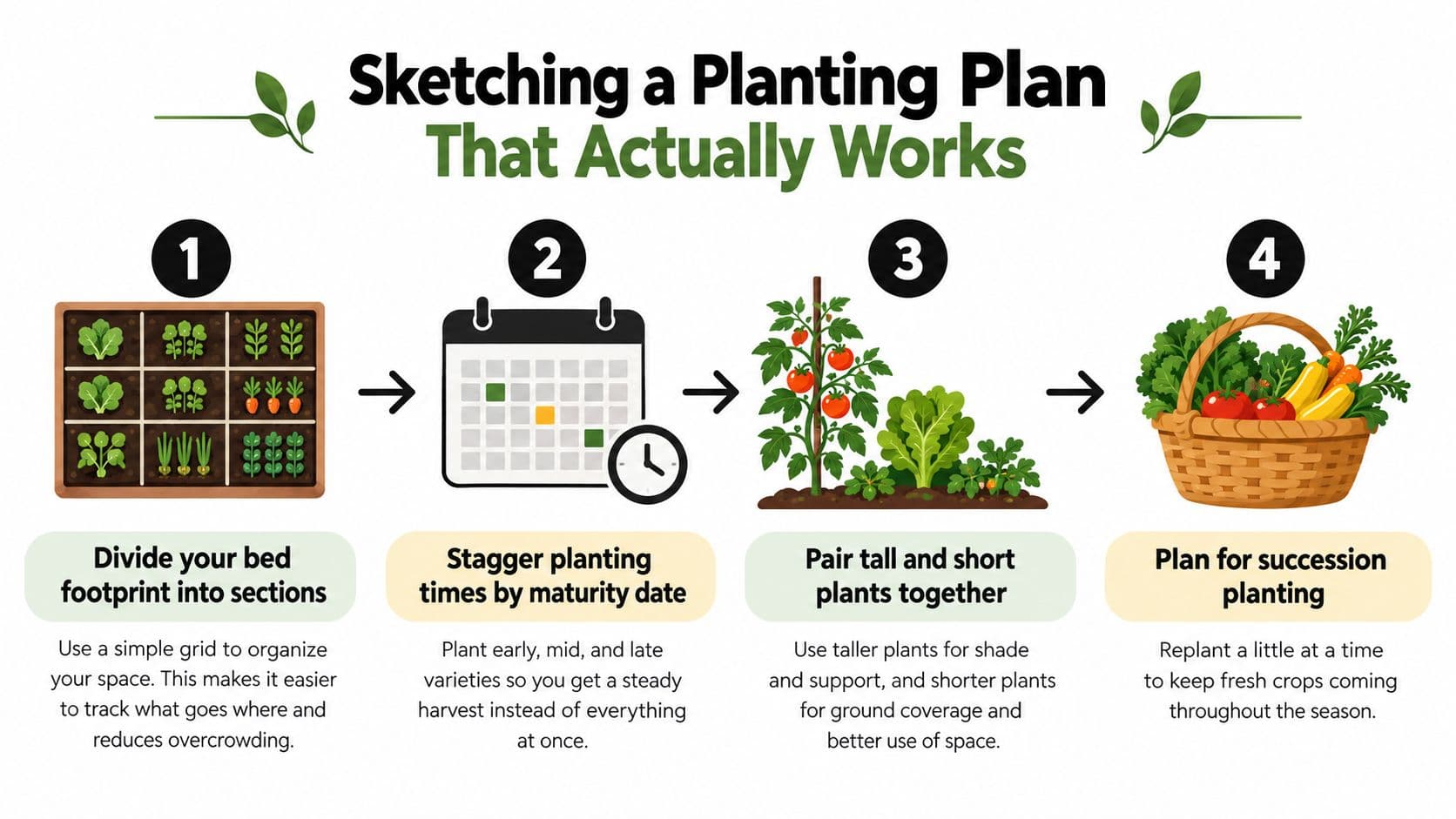 A four-step infographic illustrating how to create an effective planting plan for a home garden.