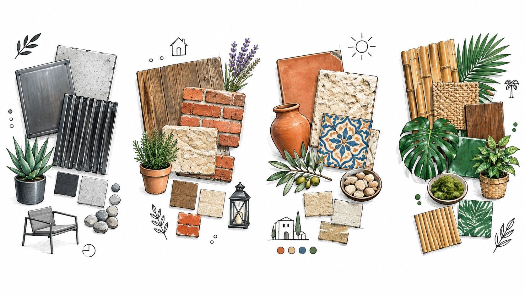 A creative architectural mood board displaying four distinct design themes with materials, plants, and decor elements.