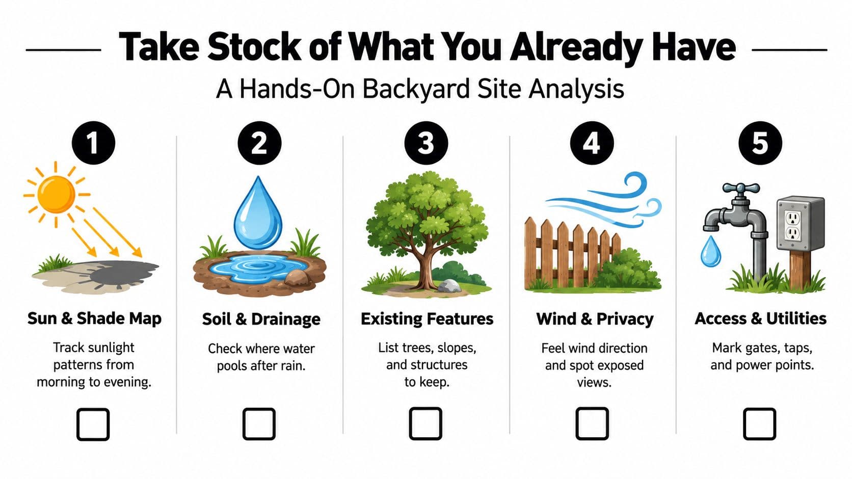 An infographic titled Take Stock of What You Already Have illustrating five steps for backyard site analysis.