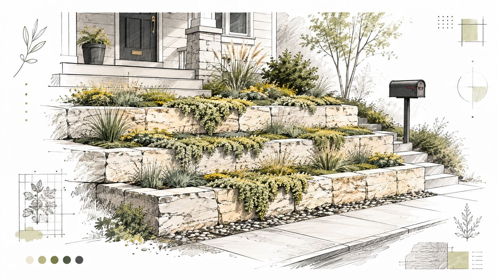 A detailed architectural sketch of a multi-level stone retaining wall landscaped with lush plants and flowers.