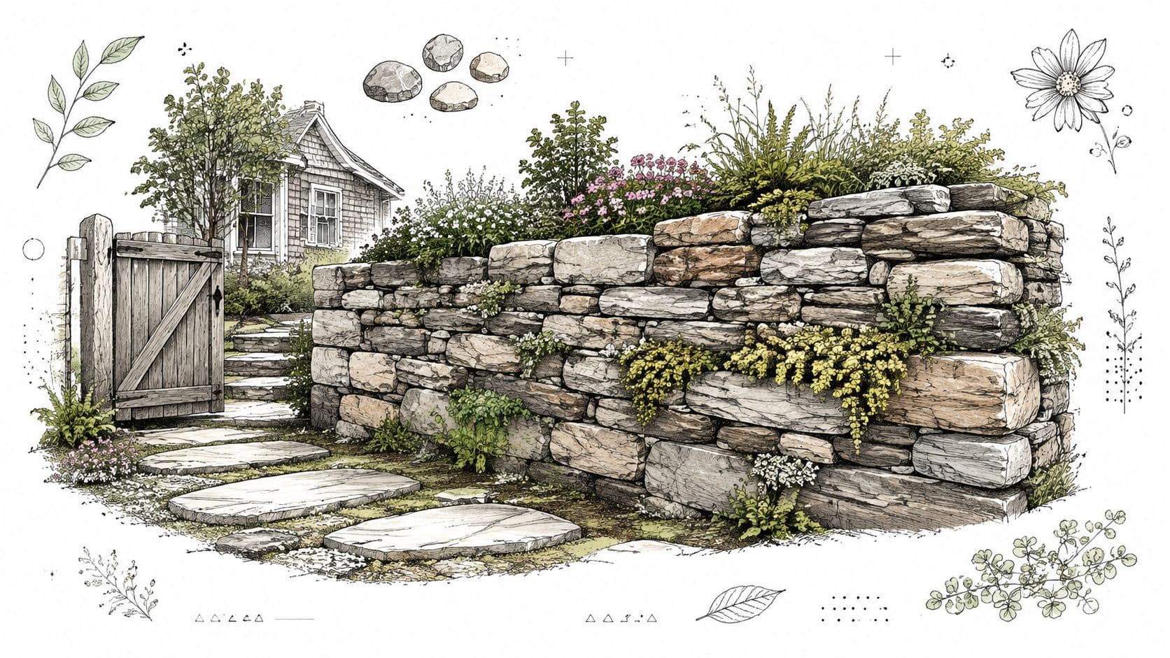 A detailed architectural sketch of a stone retaining wall and a wooden gate in a garden.