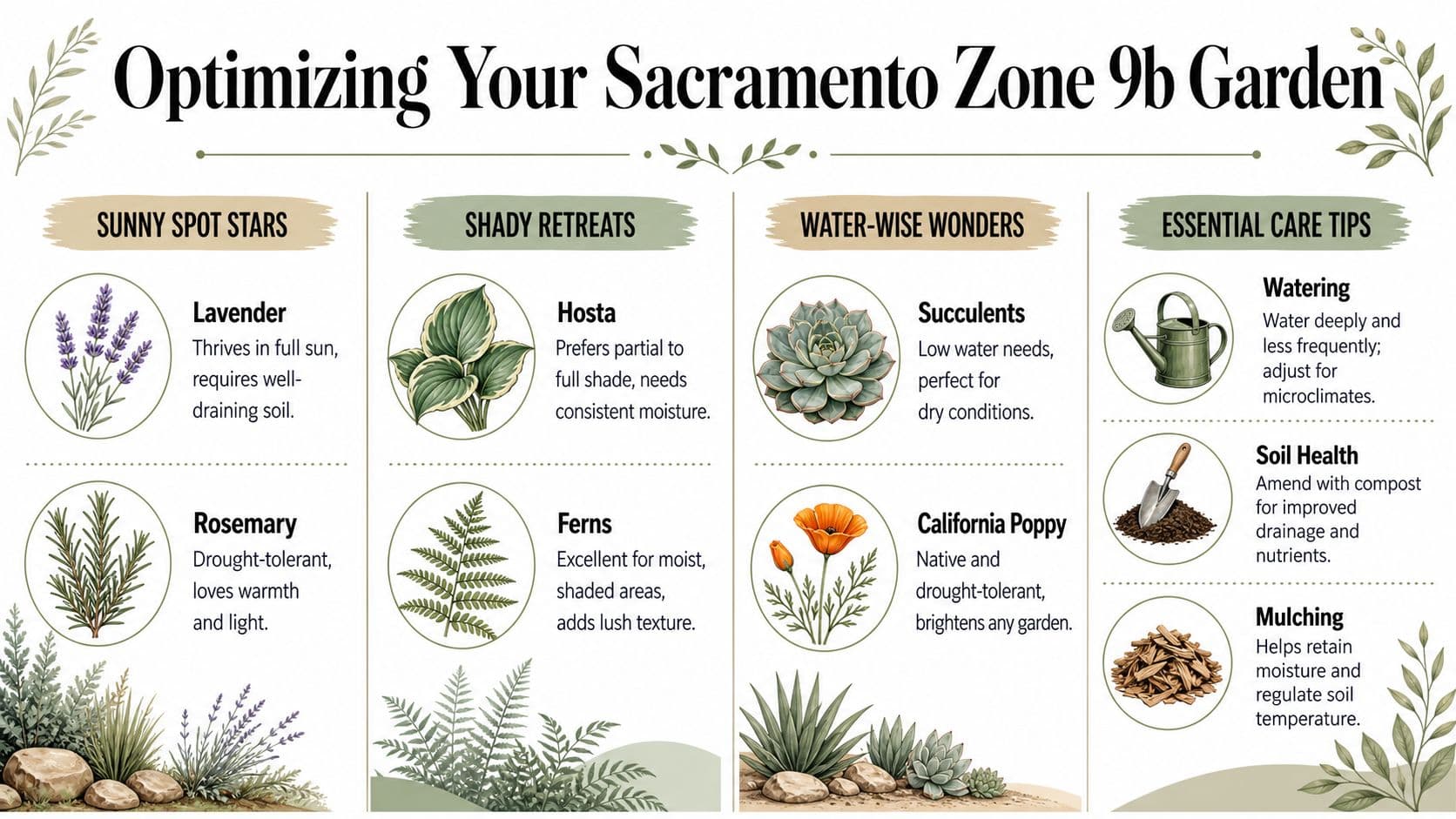 An infographic titled Optimizing Your Sacramento Zone 9b Garden listing recommended plants and essential care tips.