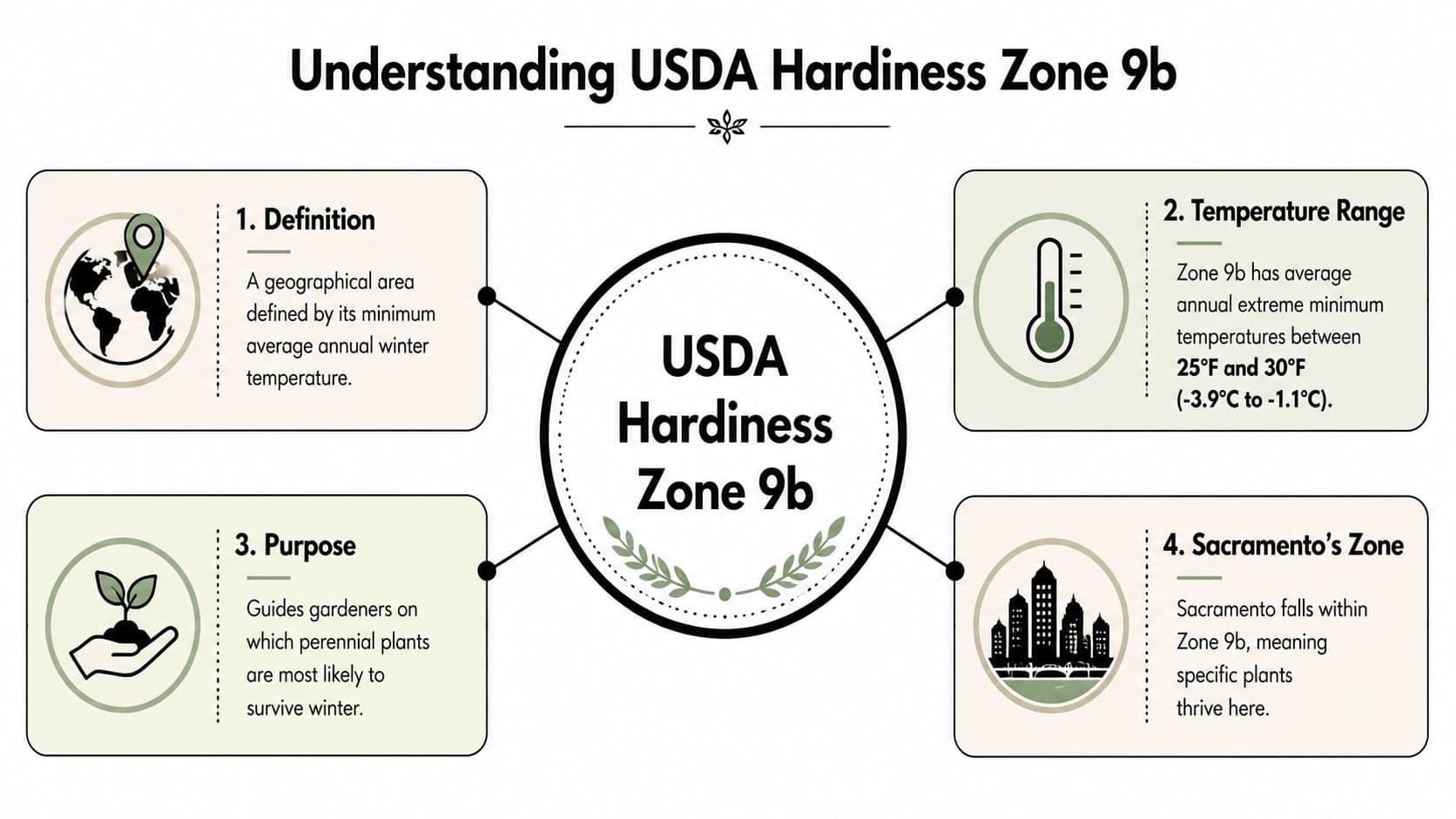 An infographic titled Understanding USDA Hardiness Zone 9b detailing its definition, temperature range, purpose, and Sacramento location.
