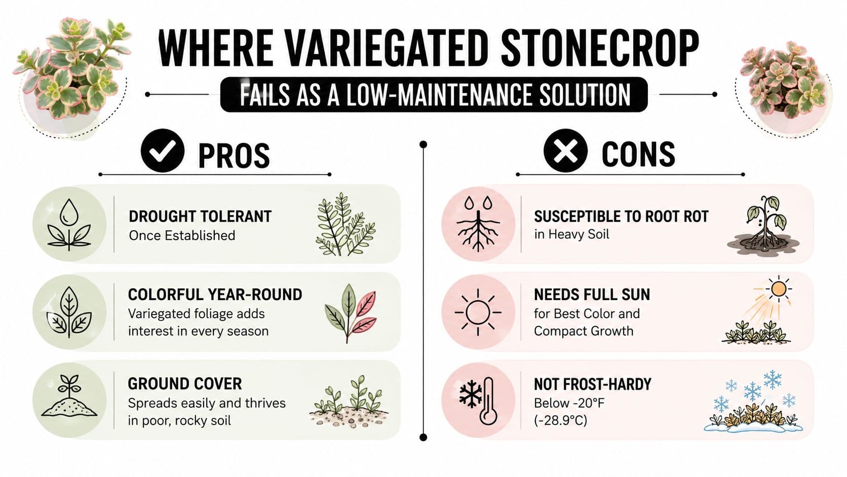 An infographic comparing the pros and cons of growing variegated stonecrop as a low-maintenance garden plant.