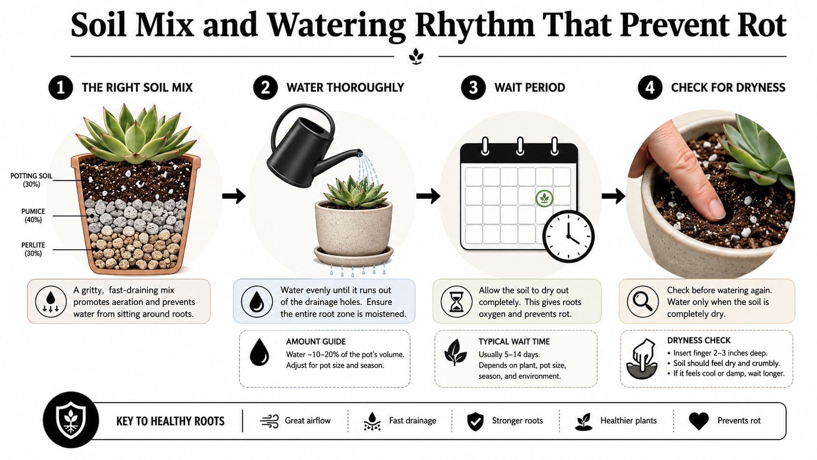 An infographic showing a four-step guide on soil mix and watering rhythms to prevent plant root rot.