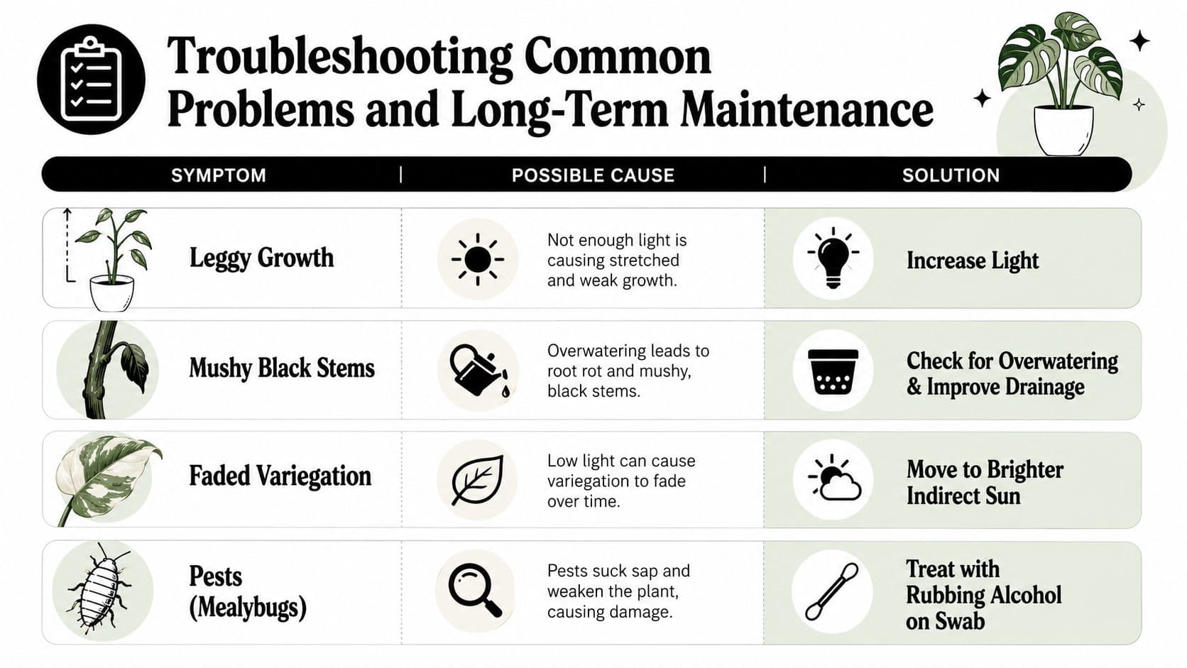 A troubleshooting guide for houseplants showing symptoms, potential causes, and solutions for common plant care problems.