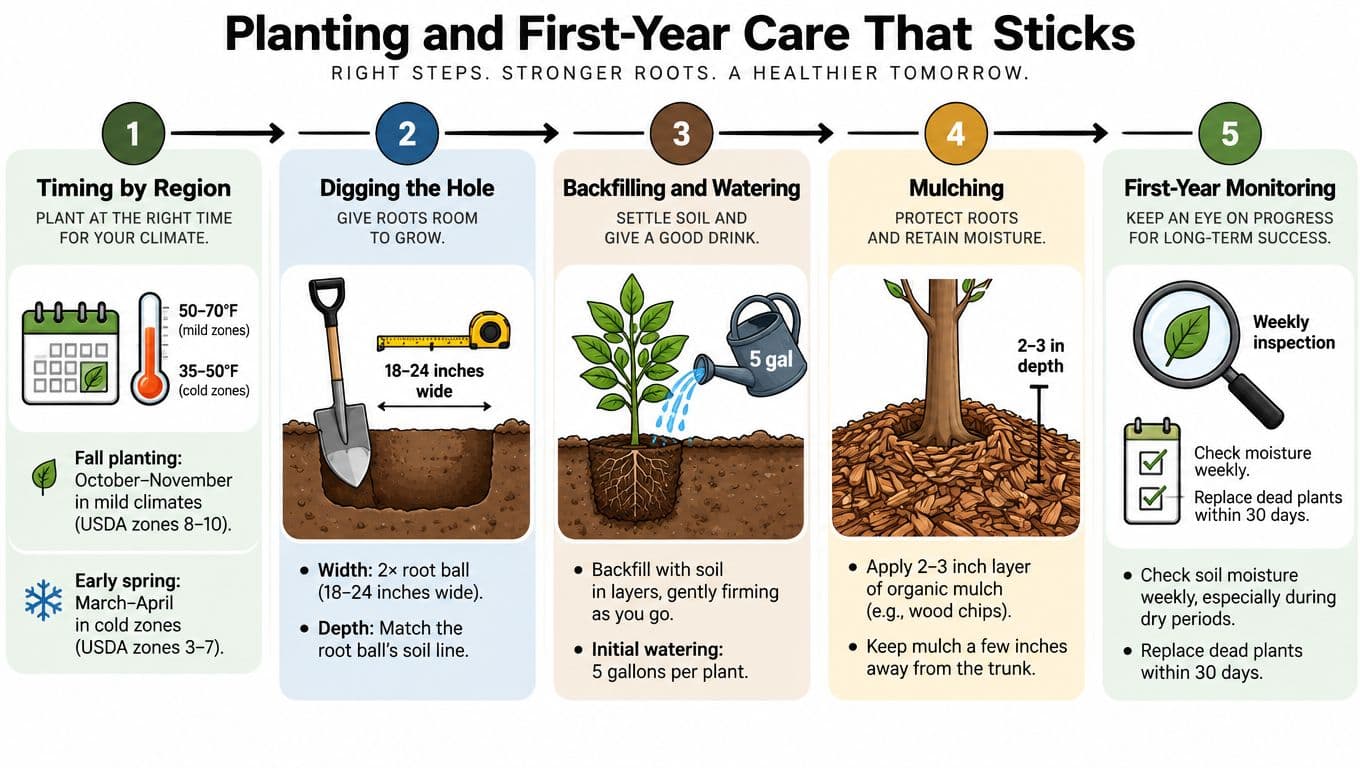 A five-step infographic illustrating proper tree and shrub planting techniques for long-term health and growth success.