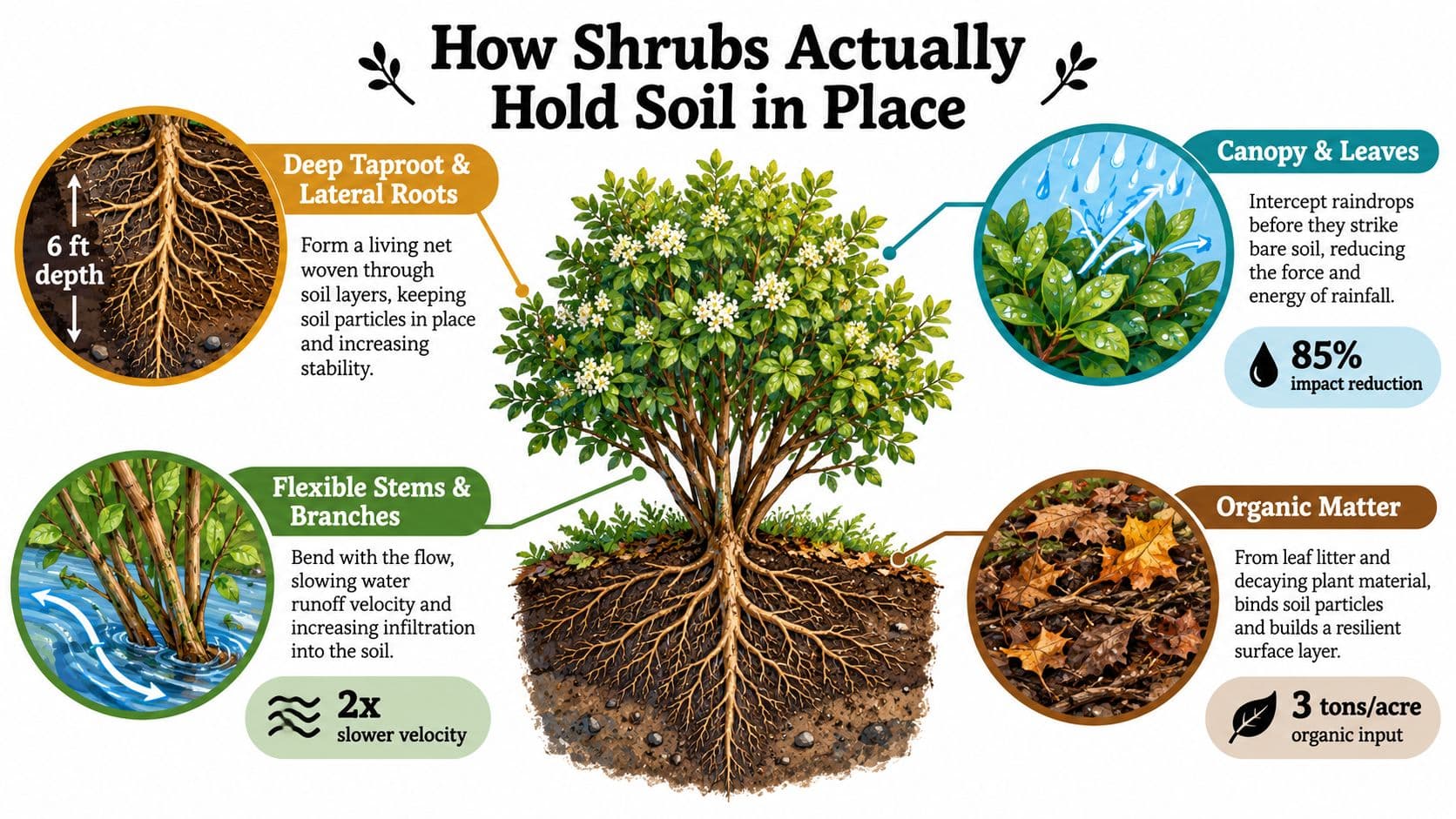 An infographic showing how shrubs hold soil in place through deep roots, canopy protection, and organic matter.