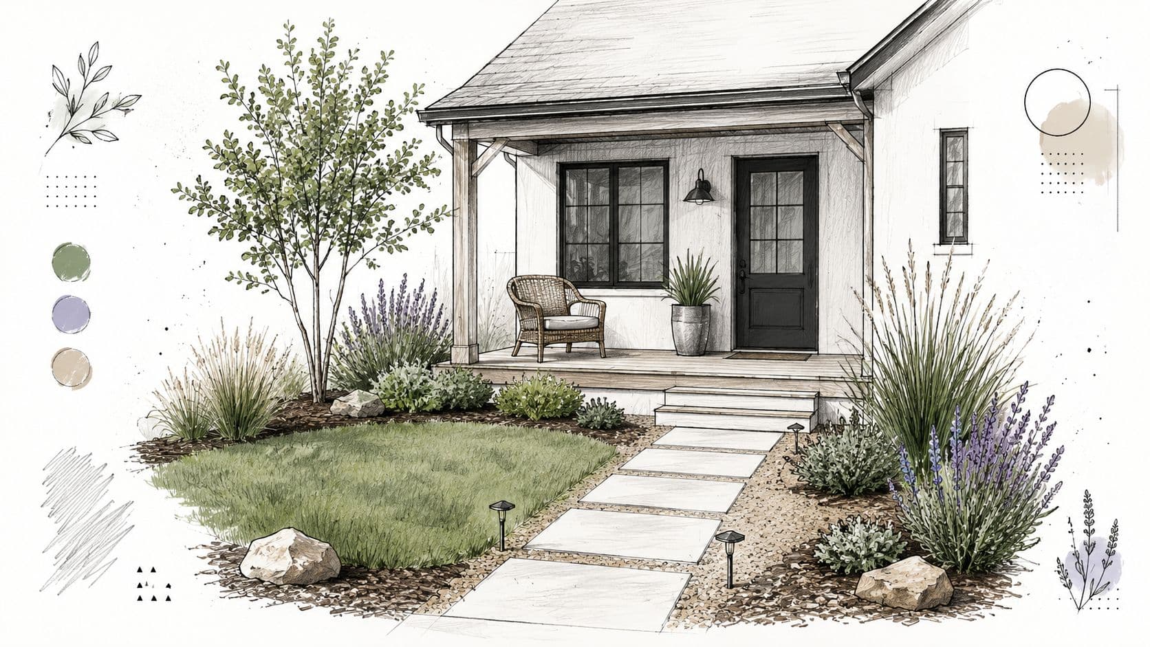 A sketched illustration of a cottage front porch with modern landscaping, stone pathway, and lush plants.