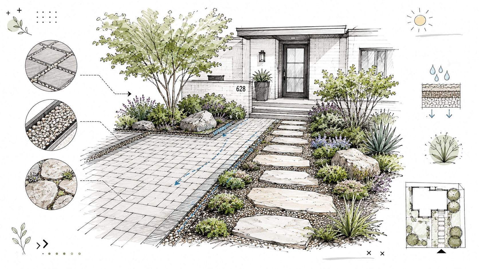 A detailed architectural landscape design sketch illustrating a modern front yard entrance with stone pathways and planting.