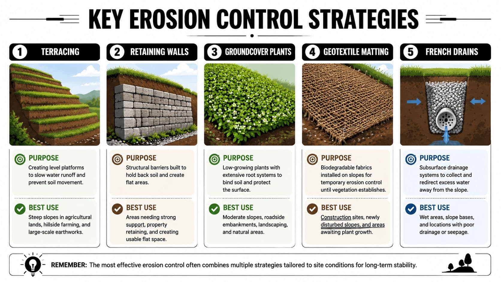 An infographic detailing five effective erosion control strategies including terracing, retaining walls, groundcover plants, geotextile matting, and French drains.