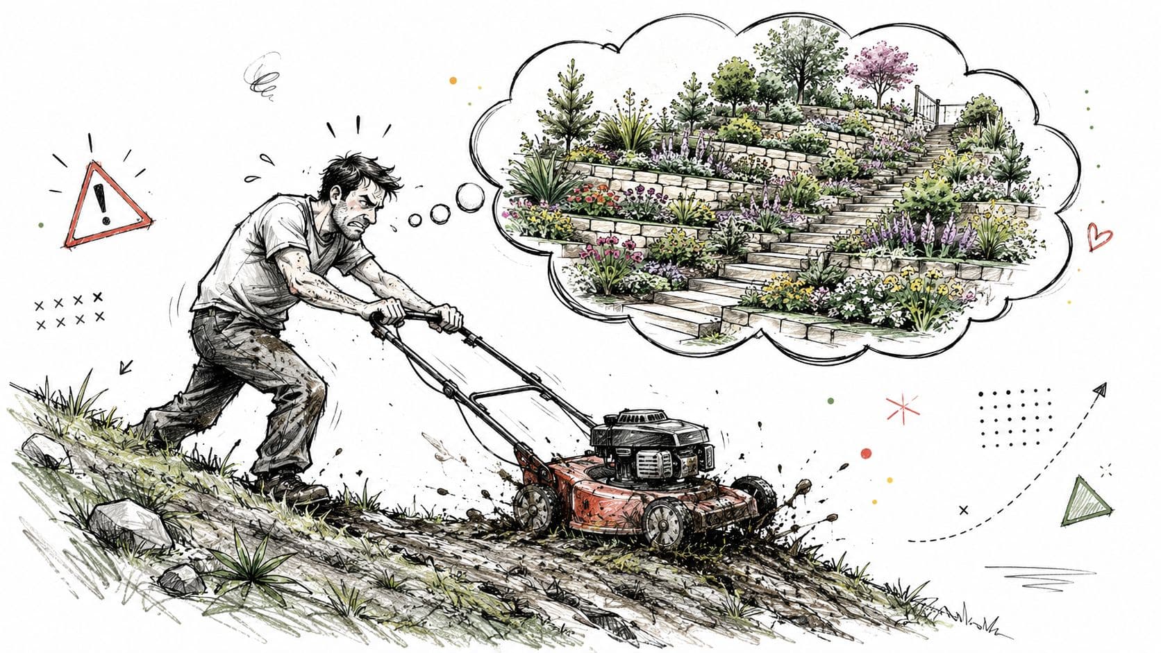 A frustrated man struggling to push a lawn mower up a steep, muddy, and difficult grassy slope.