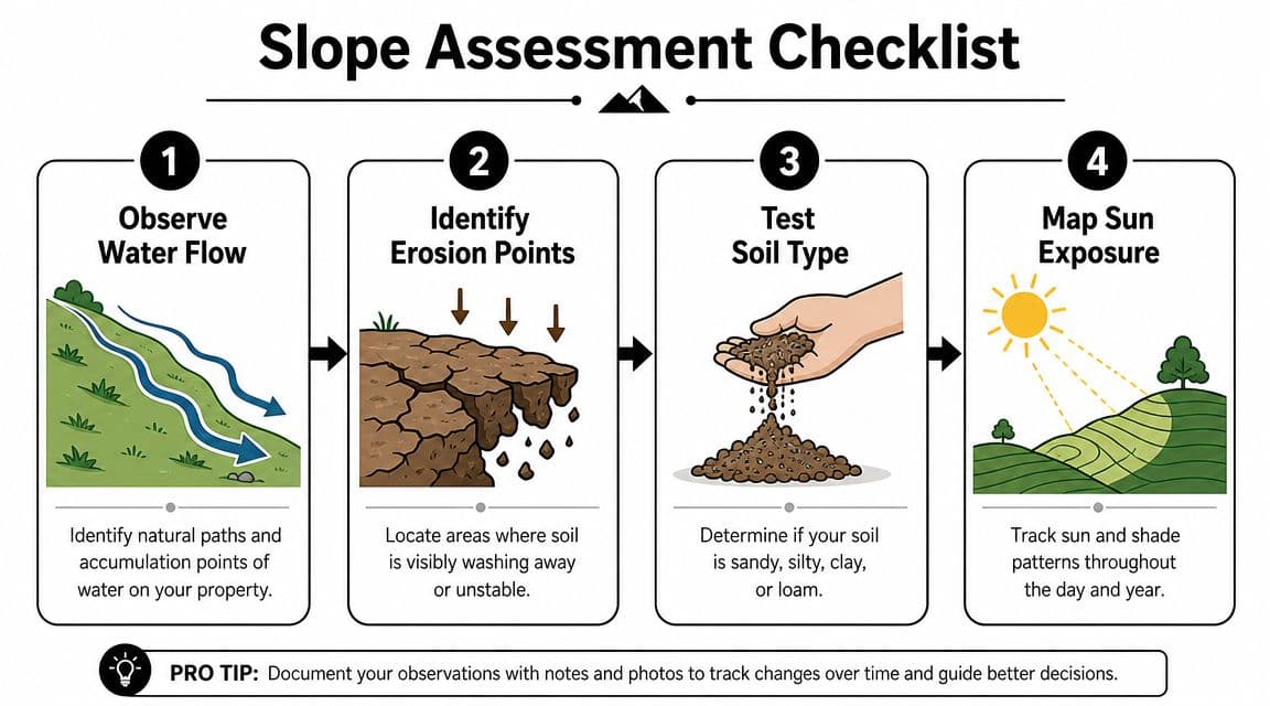 A four-step checklist illustration for assessing slope conditions in a yard, including water, erosion, soil, and sun.