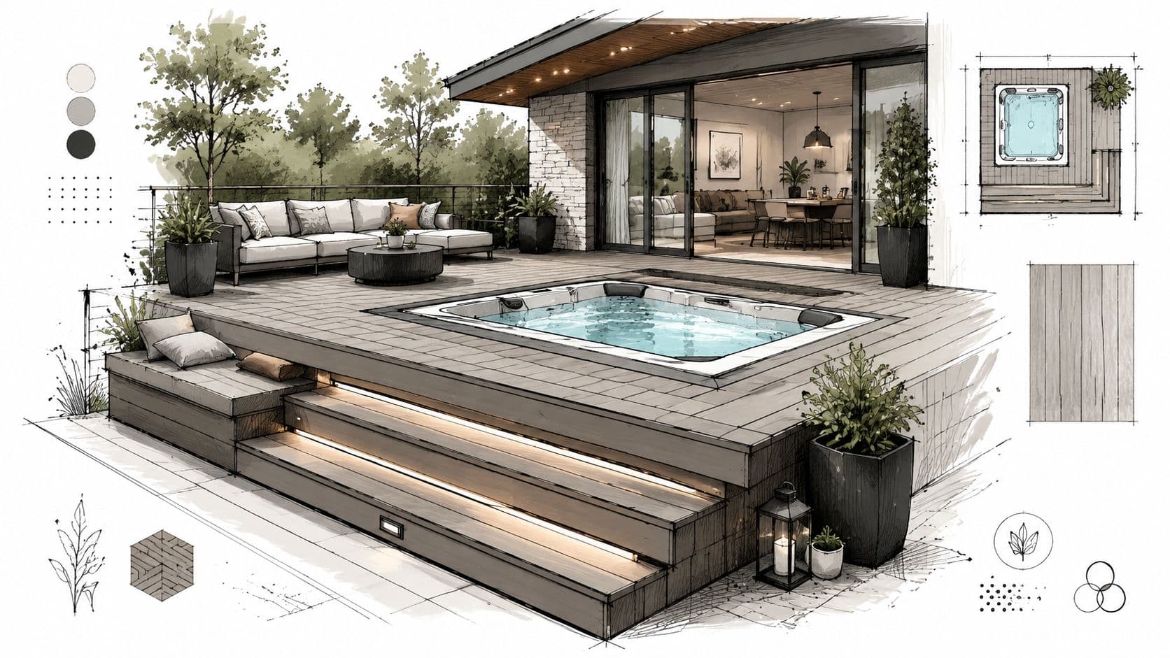 A modern outdoor deck featuring a built-in jacuzzi, comfortable lounge seating, and elegant landscape lighting at dusk.