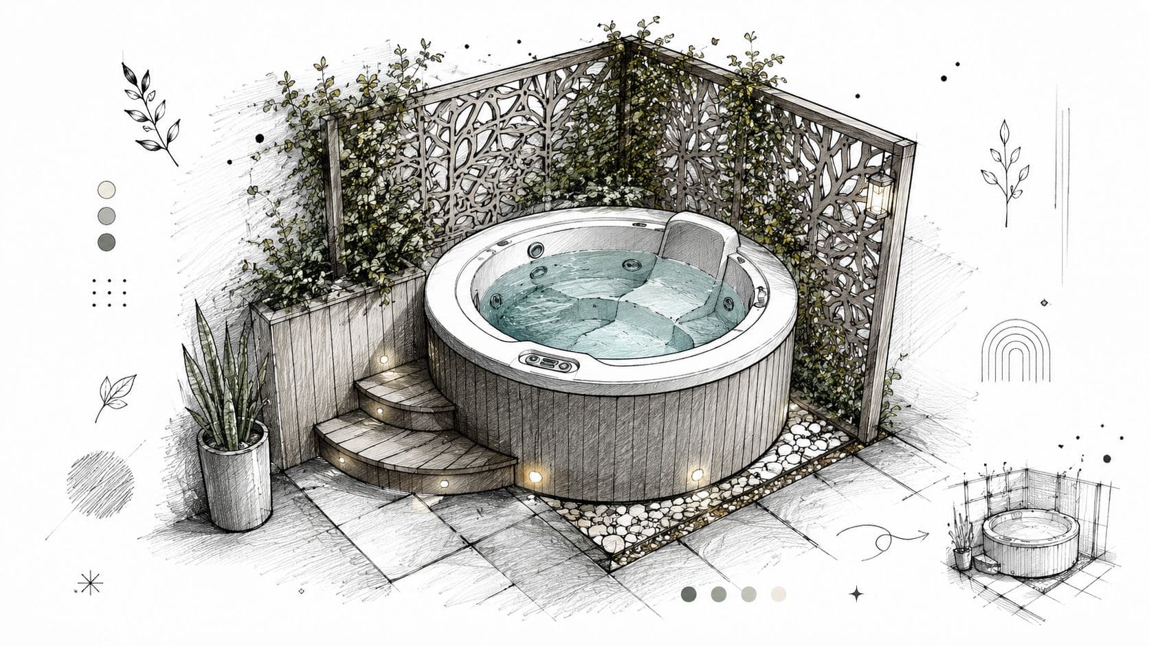A pencil sketch of a modern small backyard jacuzzi with wooden steps and decorative privacy screens.