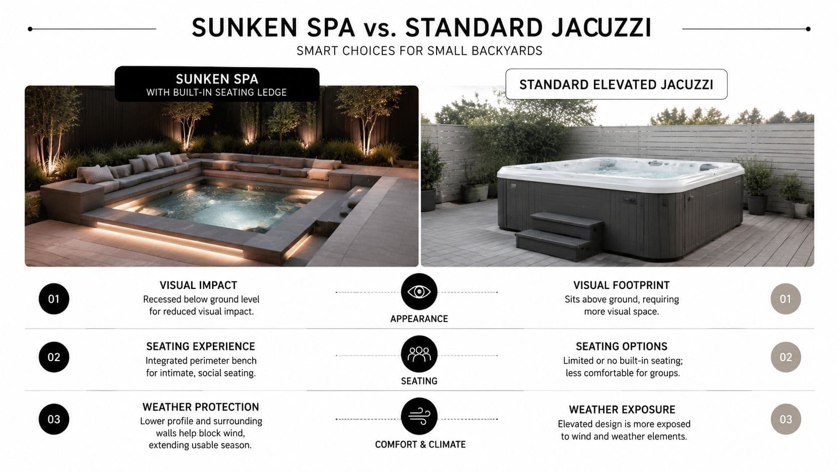 A comparison between a sunken spa and a standard elevated jacuzzi for small backyard landscape design.