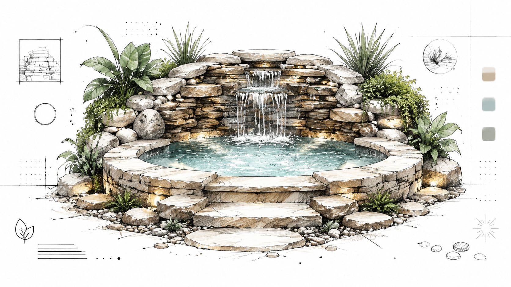 A luxurious small backyard jacuzzi with stone masonry, a waterfall feature, and lush green landscaping design.