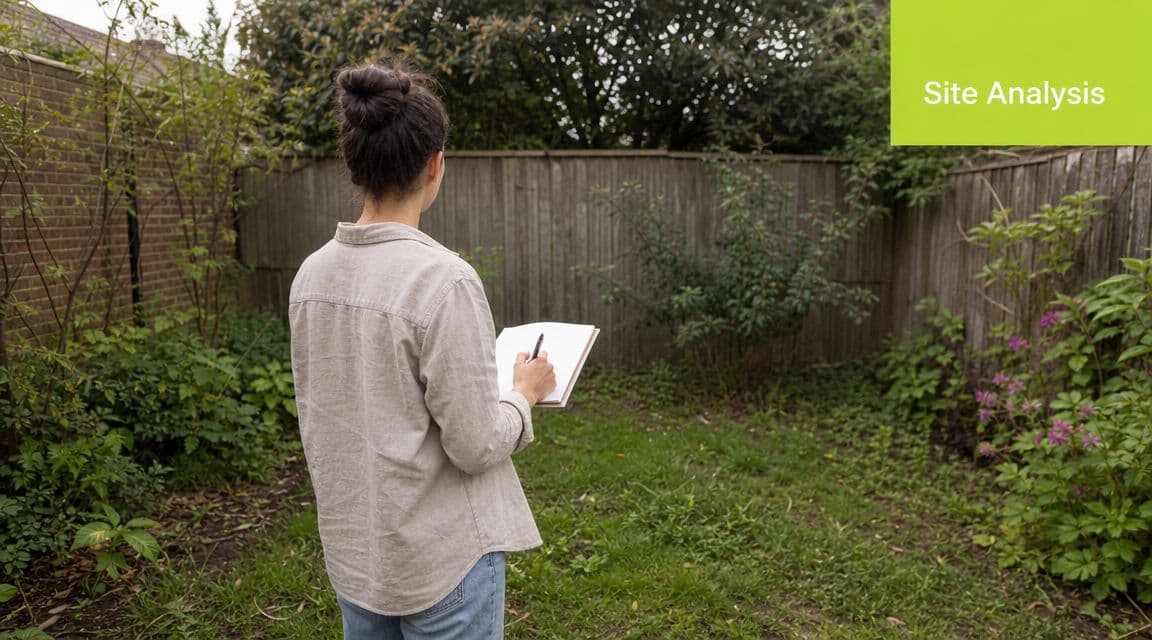 A landscape designer standing in a small overgrown backyard sketching plans for a new garden design.
