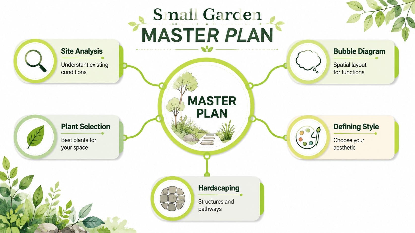 A diagram outlining the master plan process for a small garden design including site analysis and landscaping steps.