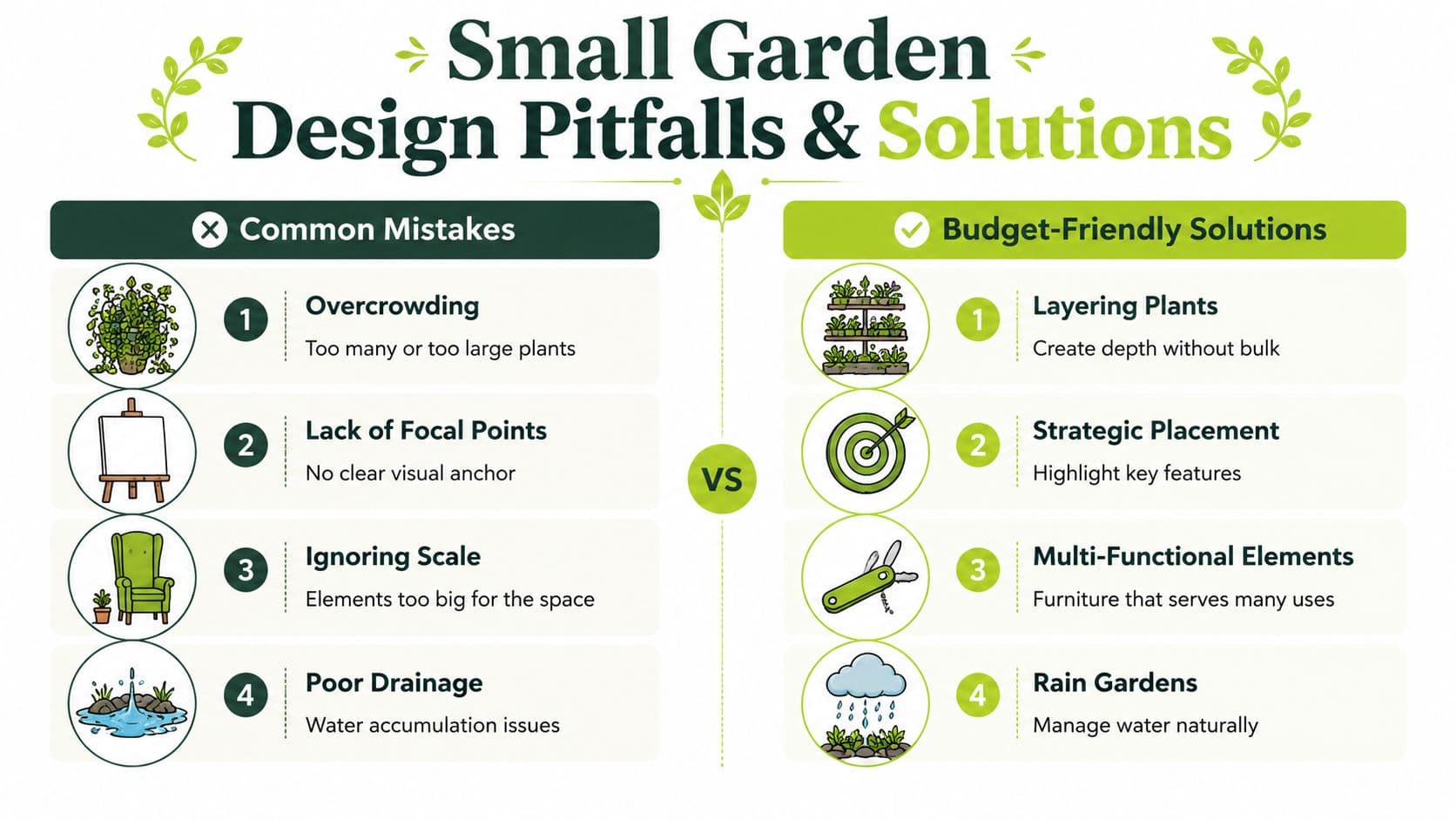 A comparison infographic showing four common small garden design mistakes versus four practical budget-friendly solutions.