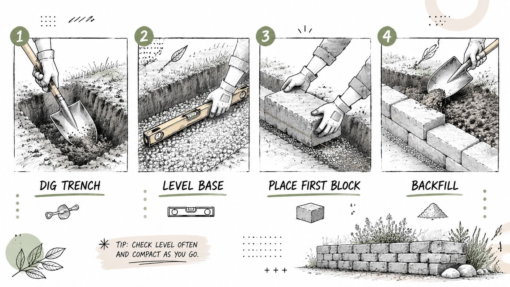 An illustrated step-by-step guide on how to build a small retaining wall in a garden.