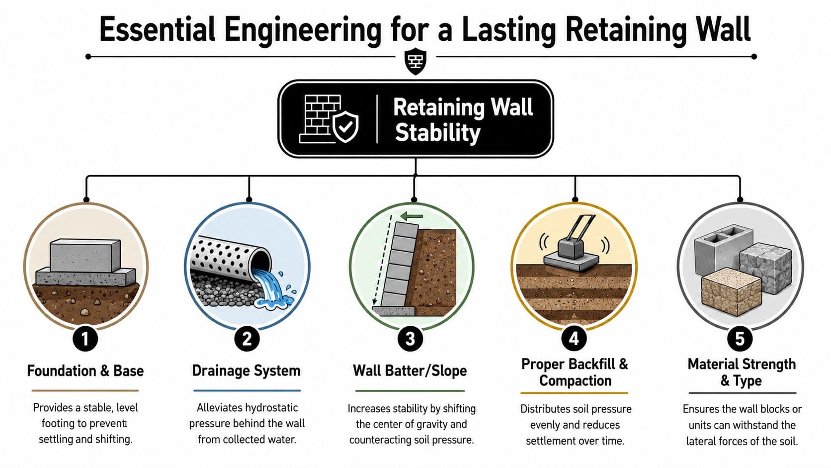 An infographic detailing five essential engineering components for constructing a stable and long-lasting retaining wall.