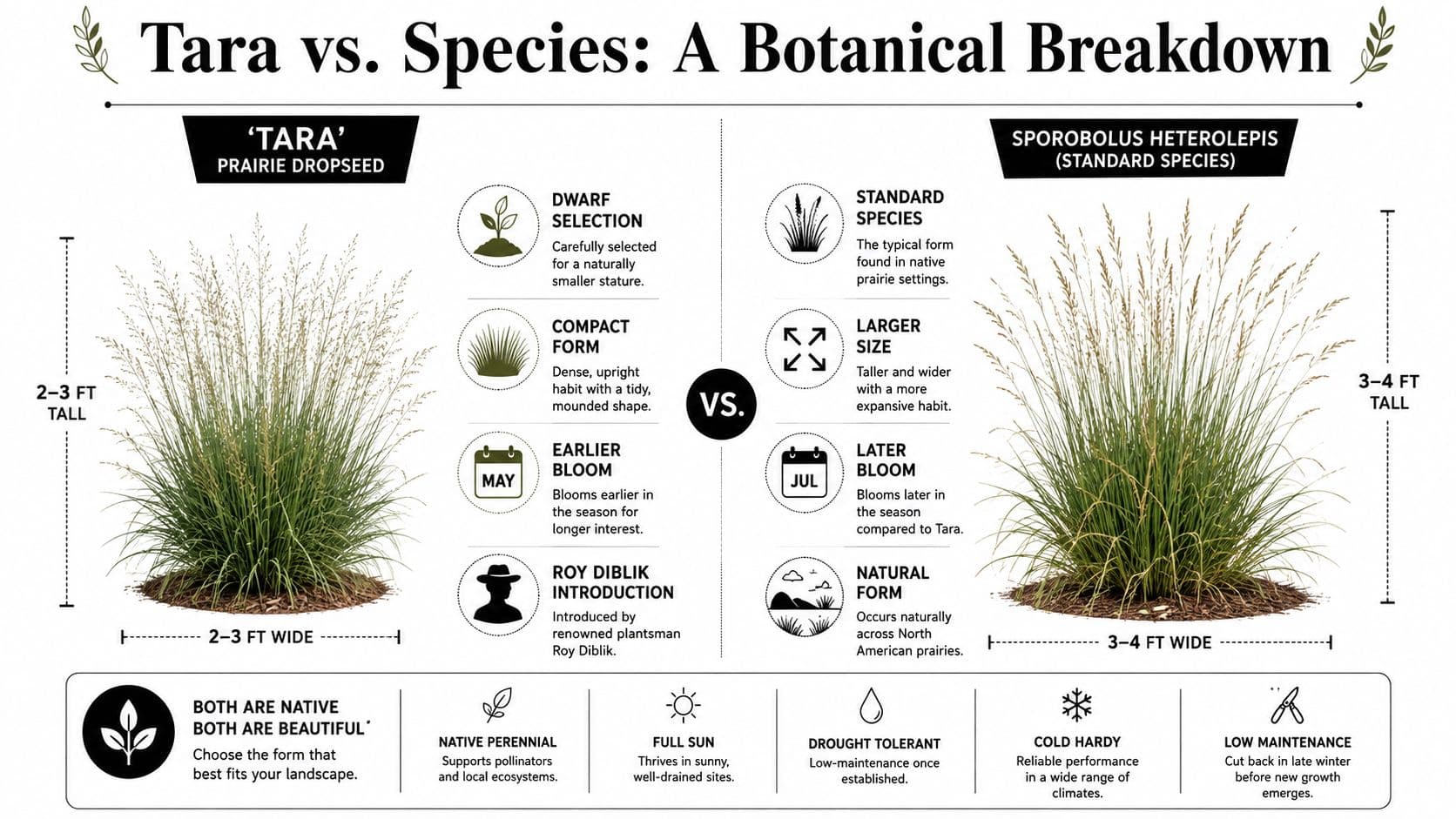 A botanical comparison chart showing the differences between the Tara prairie dropseed and the standard species.