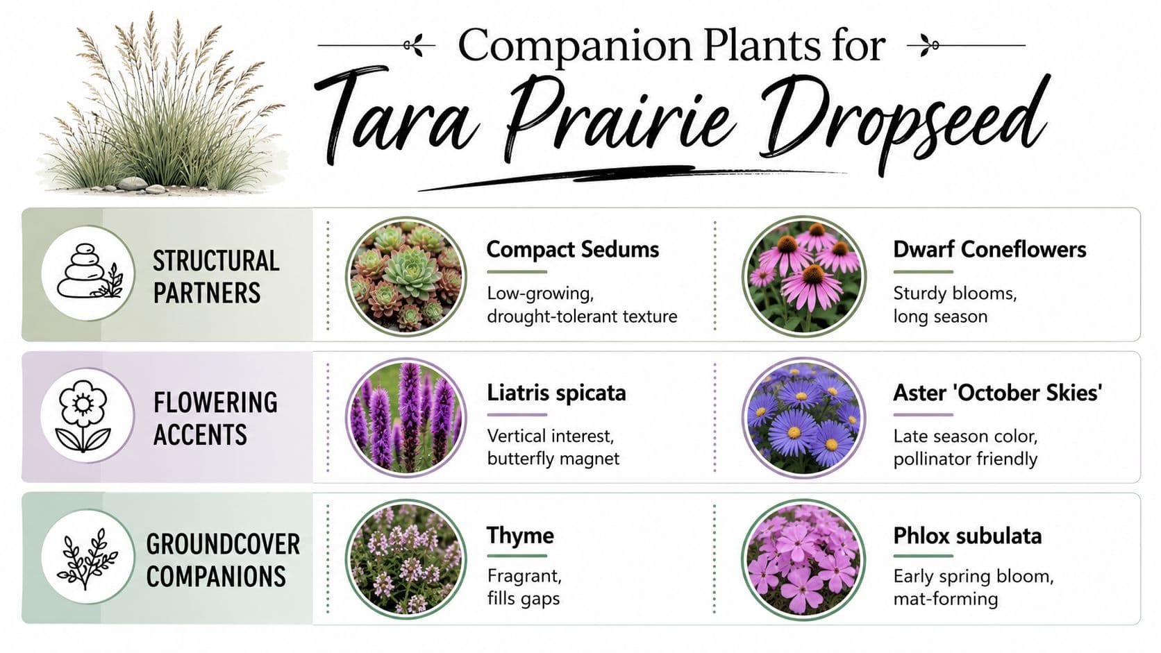 An infographic showing various companion plants for Tara Prairie Dropseed, categorized into structural partners, flowering accents, and groundcovers.