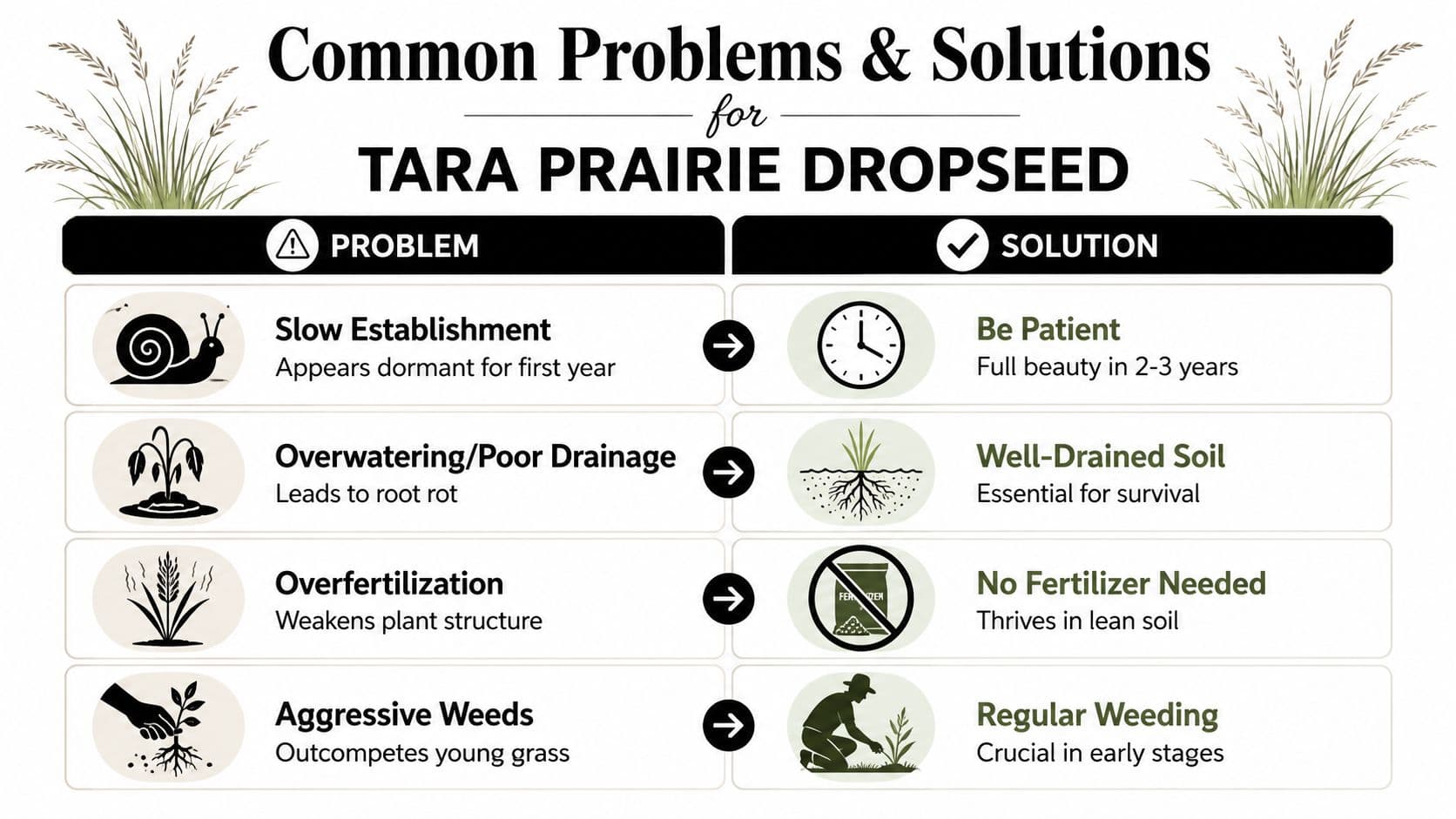 An infographic titled Common Problems and Solutions for Tara Prairie Dropseed, listing four gardening issues and remedies.