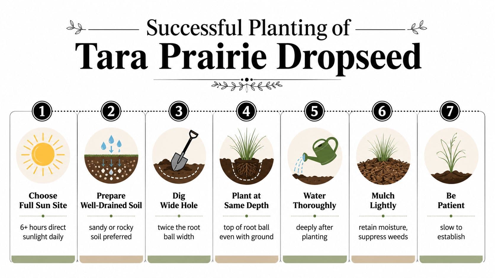 A seven-step instructional infographic for successfully planting and establishing Tara Prairie Dropseed in a home garden.