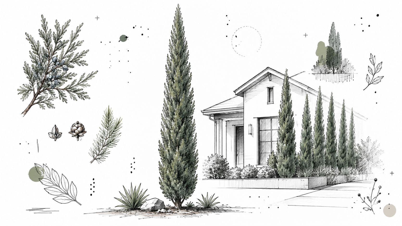 A botanical sketch of Taylor juniper trees and a modern suburban house with minimalist landscaping.
