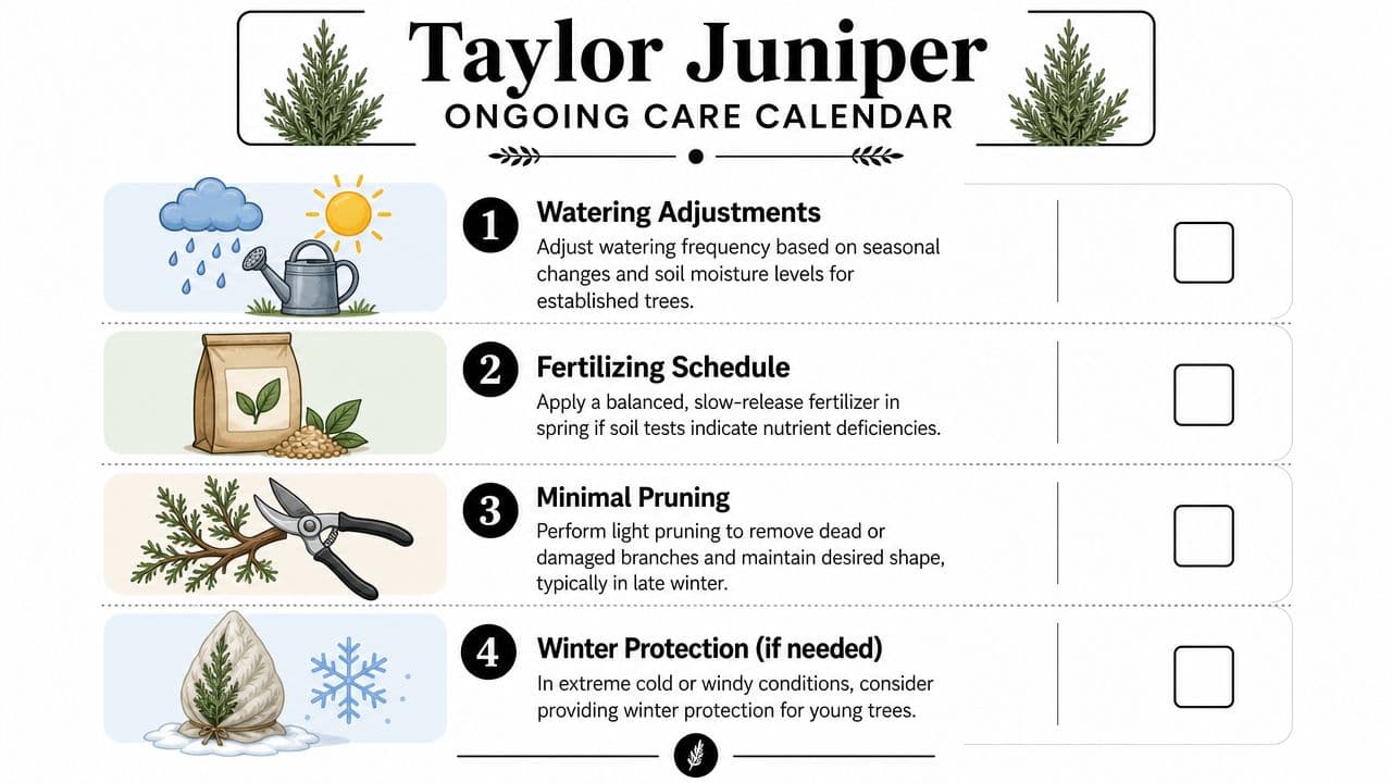 A care calendar checklist for Taylor Juniper trees with four numbered icons and care instructions.