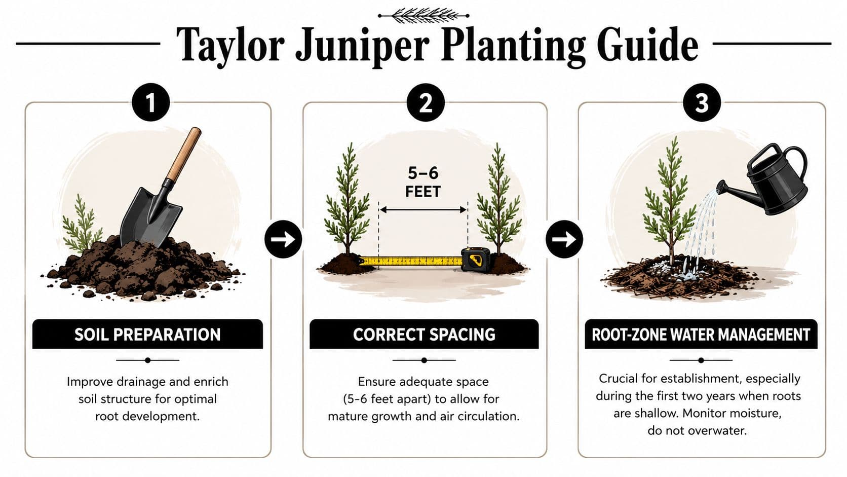A three-step instructional guide for planting Taylor Juniper trees covering soil preparation, spacing, and watering.