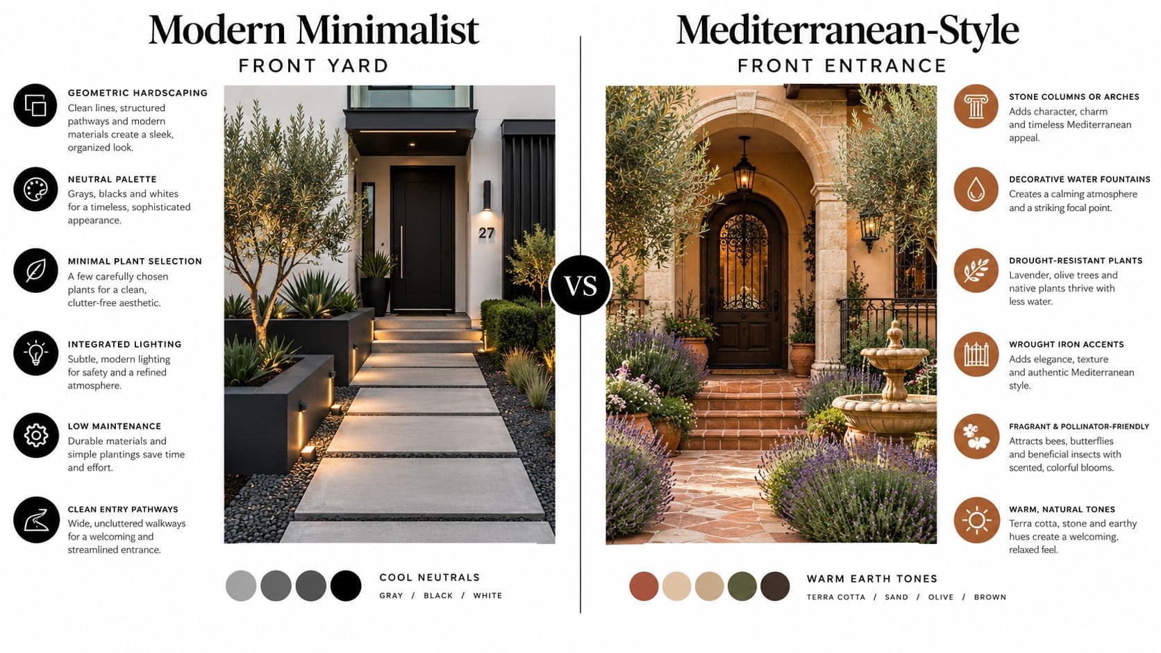 A comparison graphic showing a modern minimalist front yard versus a classic Mediterranean-style front entrance.