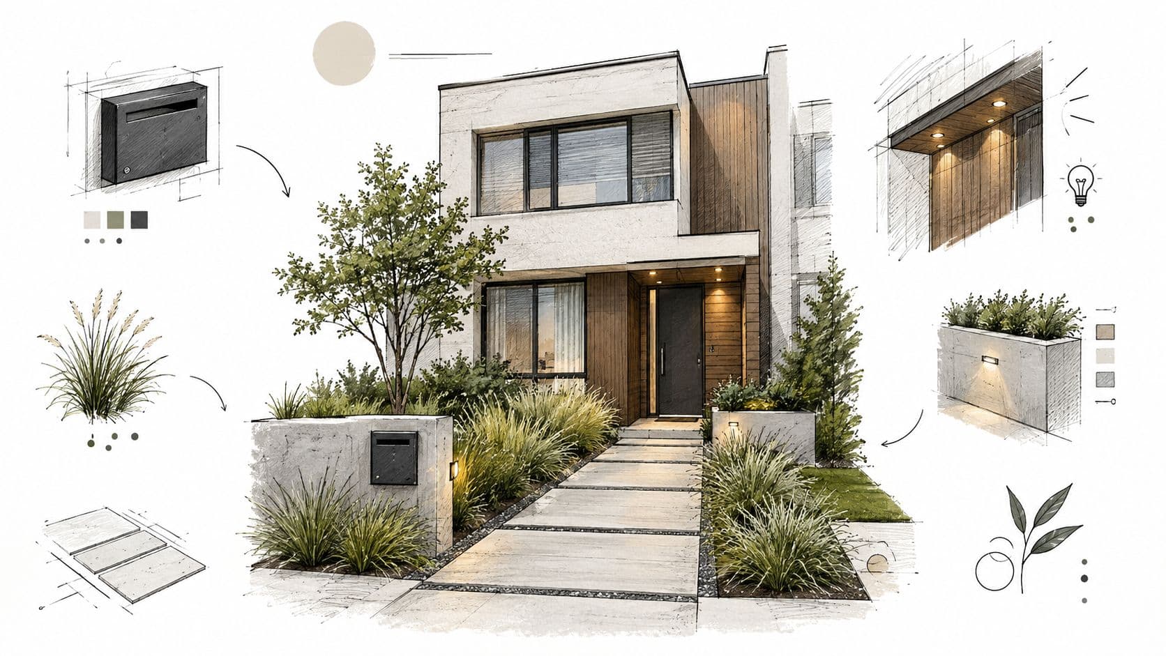 A modern townhouse front yard featuring a concrete path, native grasses, accent lighting, and a mailbox.